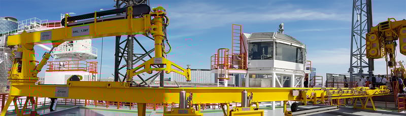 Panoramic view of FP CombiCat® pipe handling system on lift-boat vessel deck.
