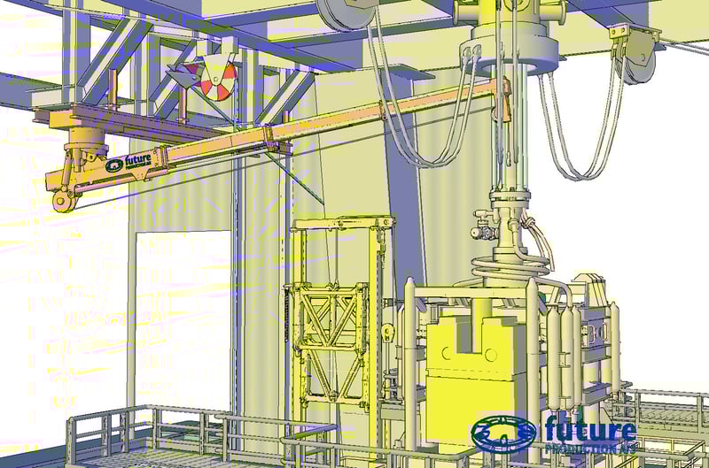 3D engineering model of a moon-pool handling system by Future Production, showing an automated crane and guiding arm used for precise subsea equipment handling and improved safety in offshore drilling operations.