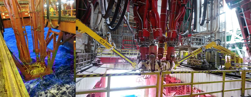 Collage showing offshore drilling rig moonpool operations — left: subsea equipment deployment through the moonpool in rough sea conditions; right: dual robotic arms controlling and securing hydraulic lines for safe and efficient handling.