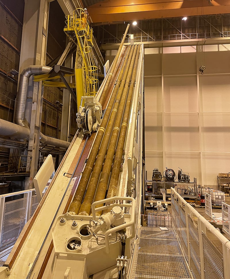 Pipe Shuttle Machine at Future Production facility testing magazine feed with drill pipes before installation on Heidrun TLP rig