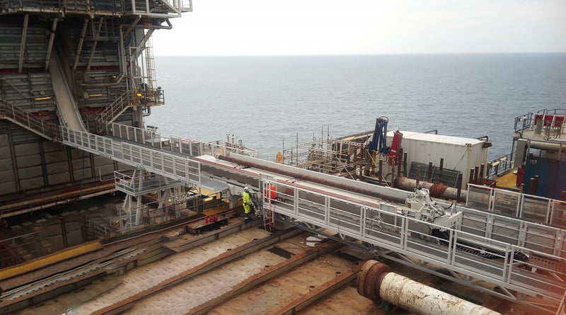 Full view of Future Production’s Pipe Shuttle Machine installed on Equinor’s Heidrun TLP rig, extending from pipe deck to drill floor for autonomous tubular handling.
