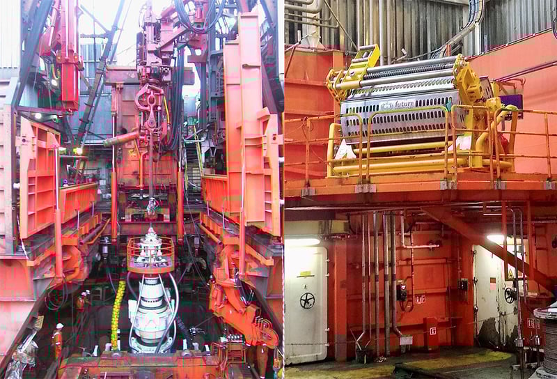 Collage showing two tailor-made offshore drilling solutions — left: custom BOP handling system reducing running time for BOP and riser operations with improved safety and fewer personnel; right: tailor-made subsea winch designed for flexible installation with passive or active heave compensation and adjustable wire length for various operational needs.
