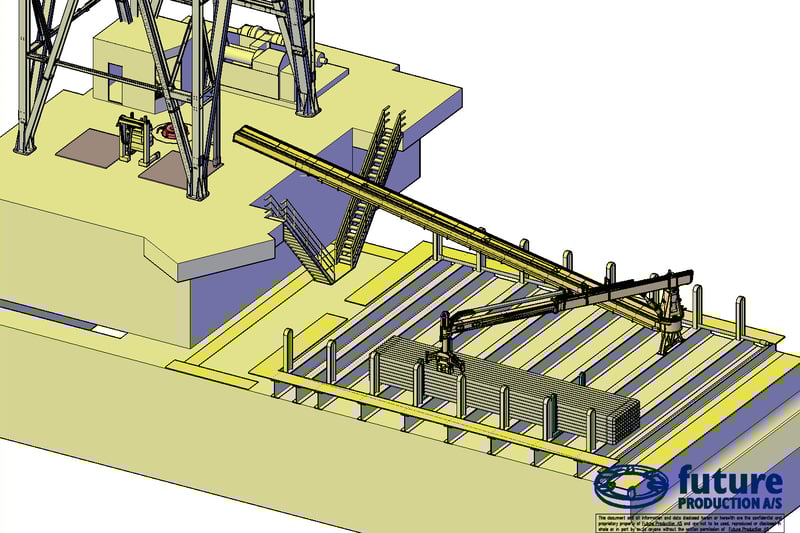 3D render of FP CombiCat® pipe handling system showing integrated crane, catwalk, and guide arm.
